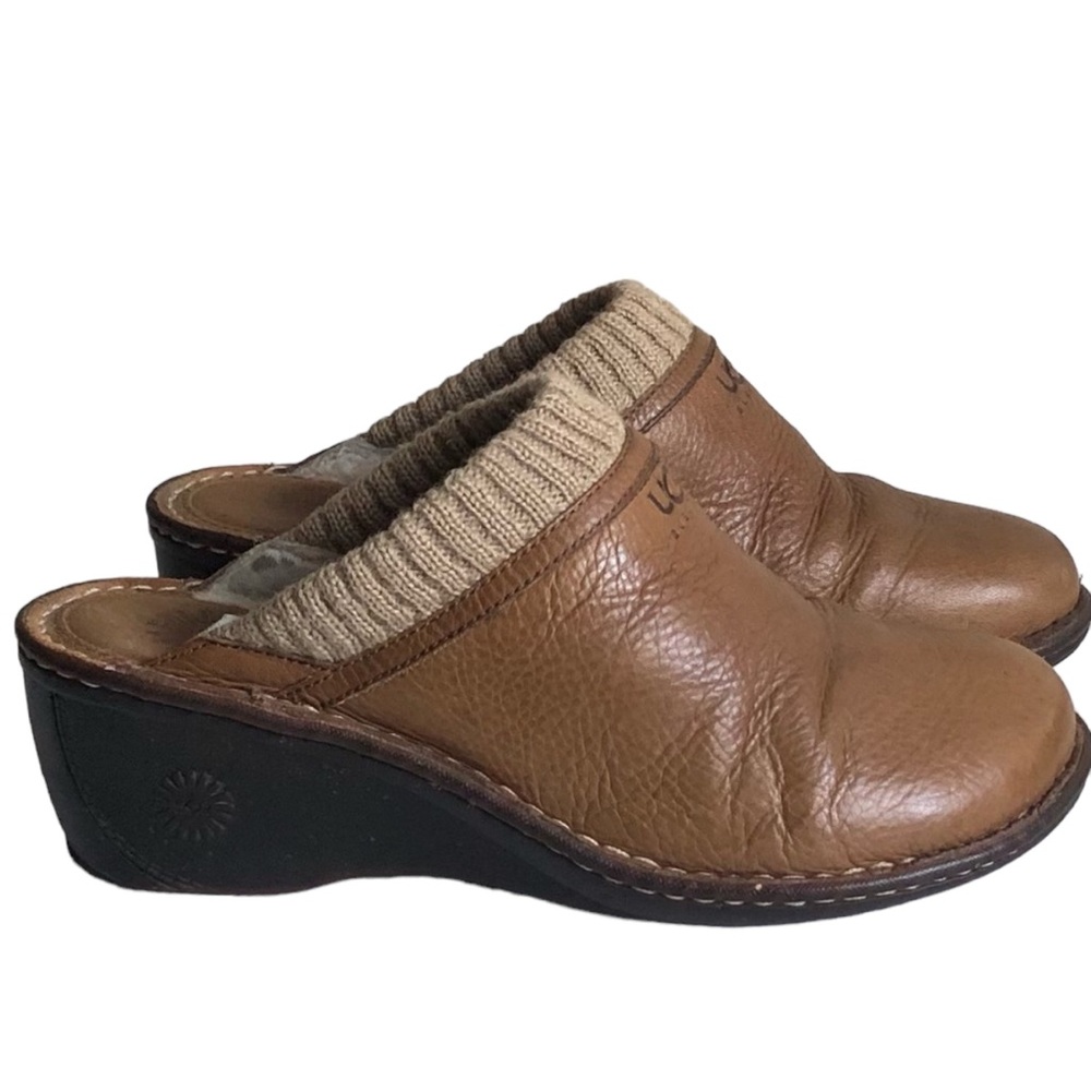 UGG Brown Leather Mules with Knit Accent